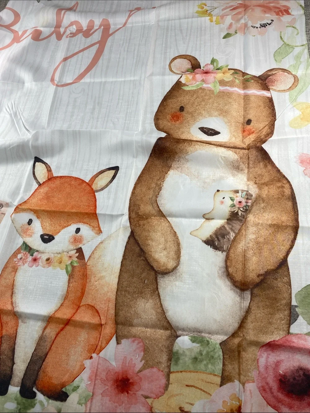 Oh Baby Woodland Animal Panel Bedding Fabric - Soft Peach, Brown, Gray